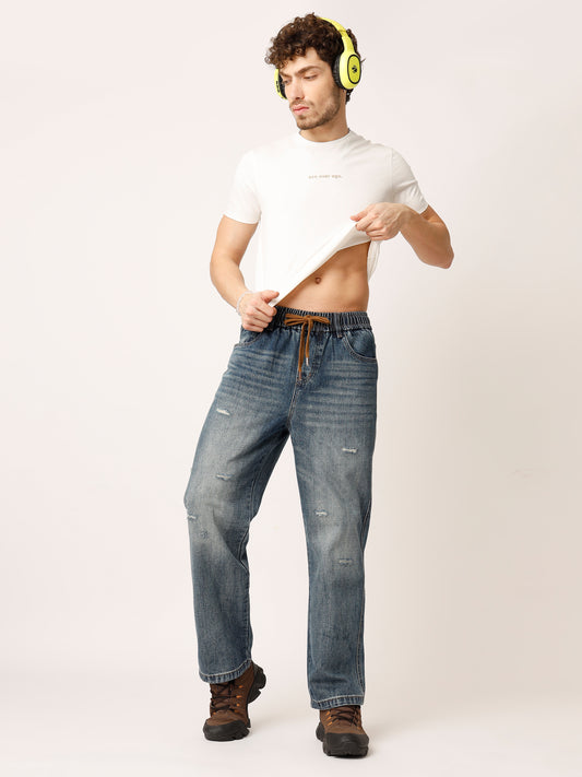 Blue Distressed Straight Fit Jeans