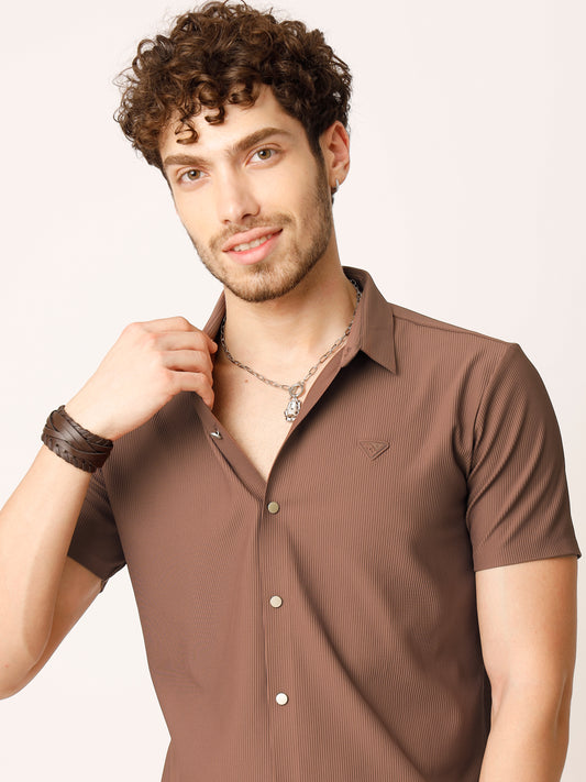Self Striped Brown Shirt
