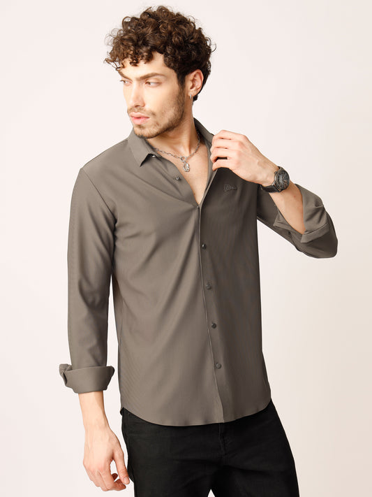 Brown Self Striped Stretch Shirt