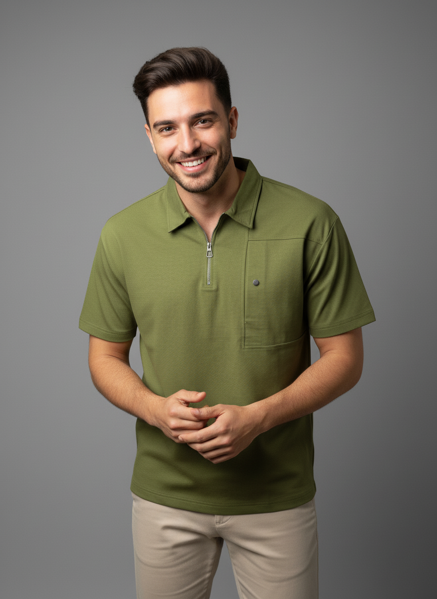 Man wearing a green polo shirt