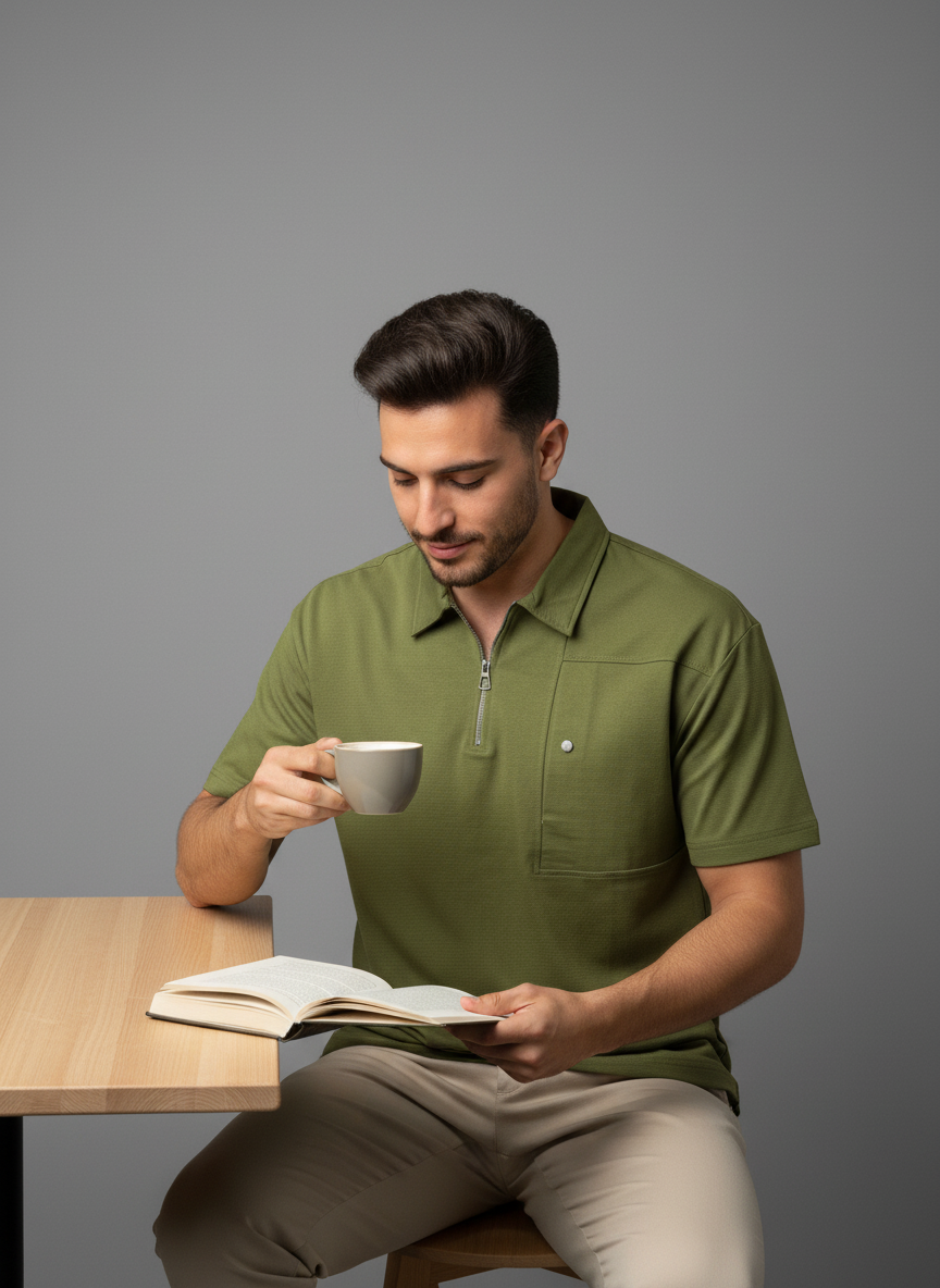 Olive Green Half-Zip Polo T-shirt