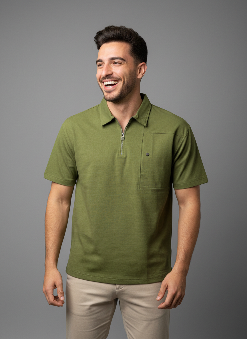 Olive Green Half-Zip Polo T-shirt
