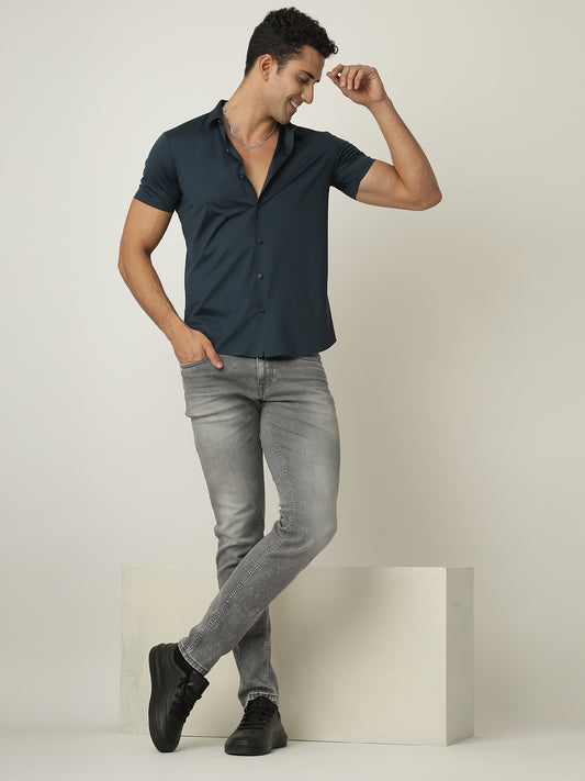 Navy Blue Self Checked Shirt