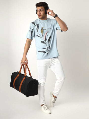 Sky Blue Leaf Print Oversized Tshirt
