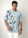 Sky Blue Leaf Print Oversized Tshirt