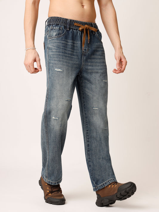 Blue Distressed Straight Fit Jeans