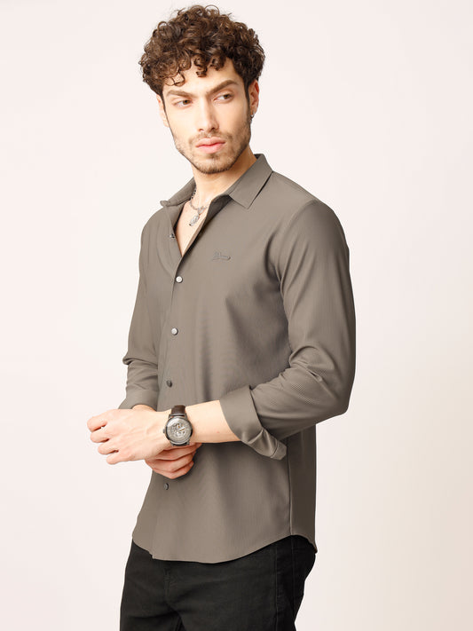 Brown Self Striped Stretch Shirt