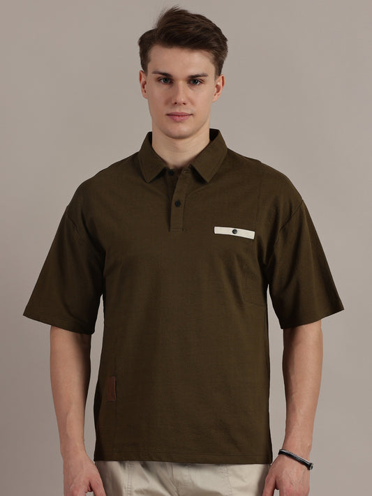 Army Green Self Textured Polo Tshirt