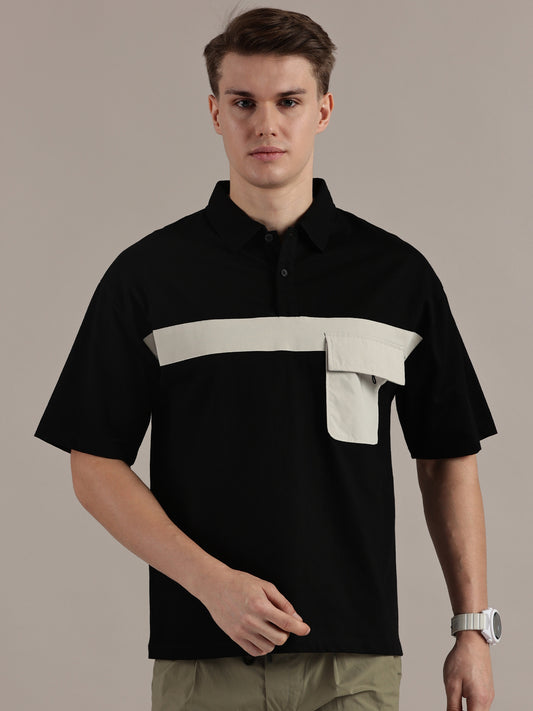Black Drop Shoulder Polo Tshirt