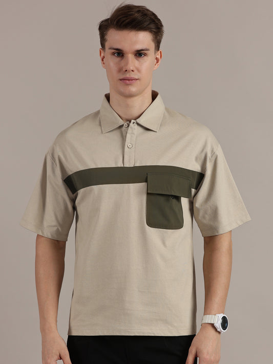 Beige Drop Shoulder Polo Tshirt