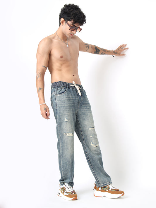 Blue Distressed Straight Fit Jeans