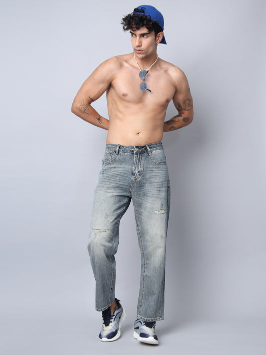 Blue Distressed Straight Fit Jeans