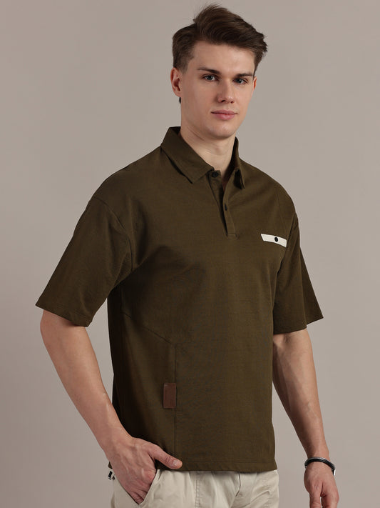 Army Green Self Textured Polo Tshirt