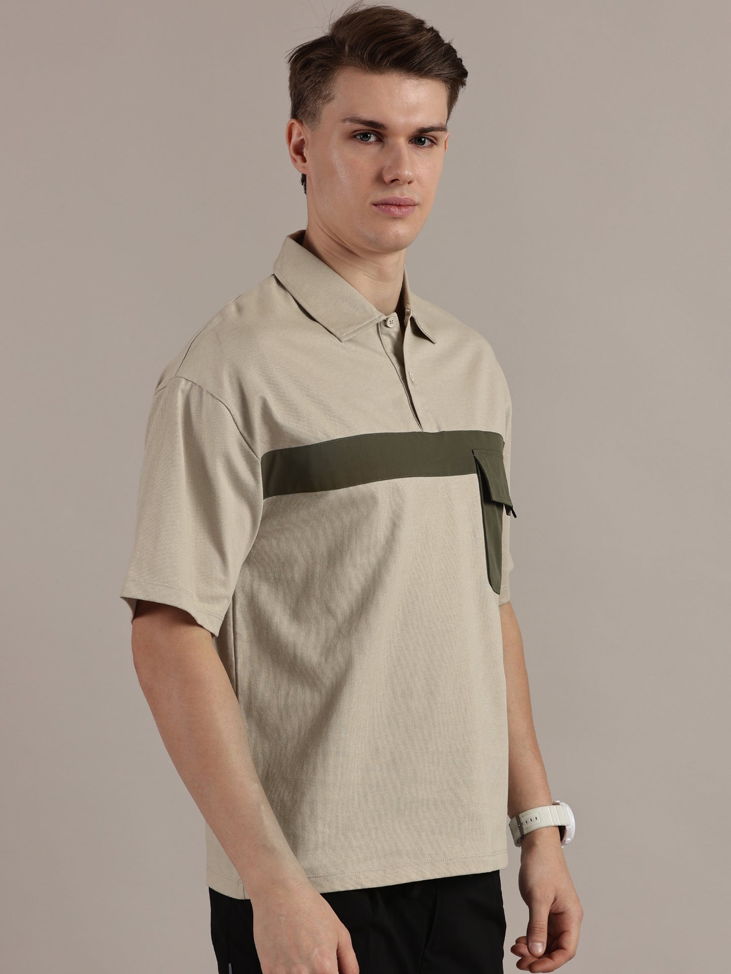 Beige Drop Shoulder Polo Tshirt