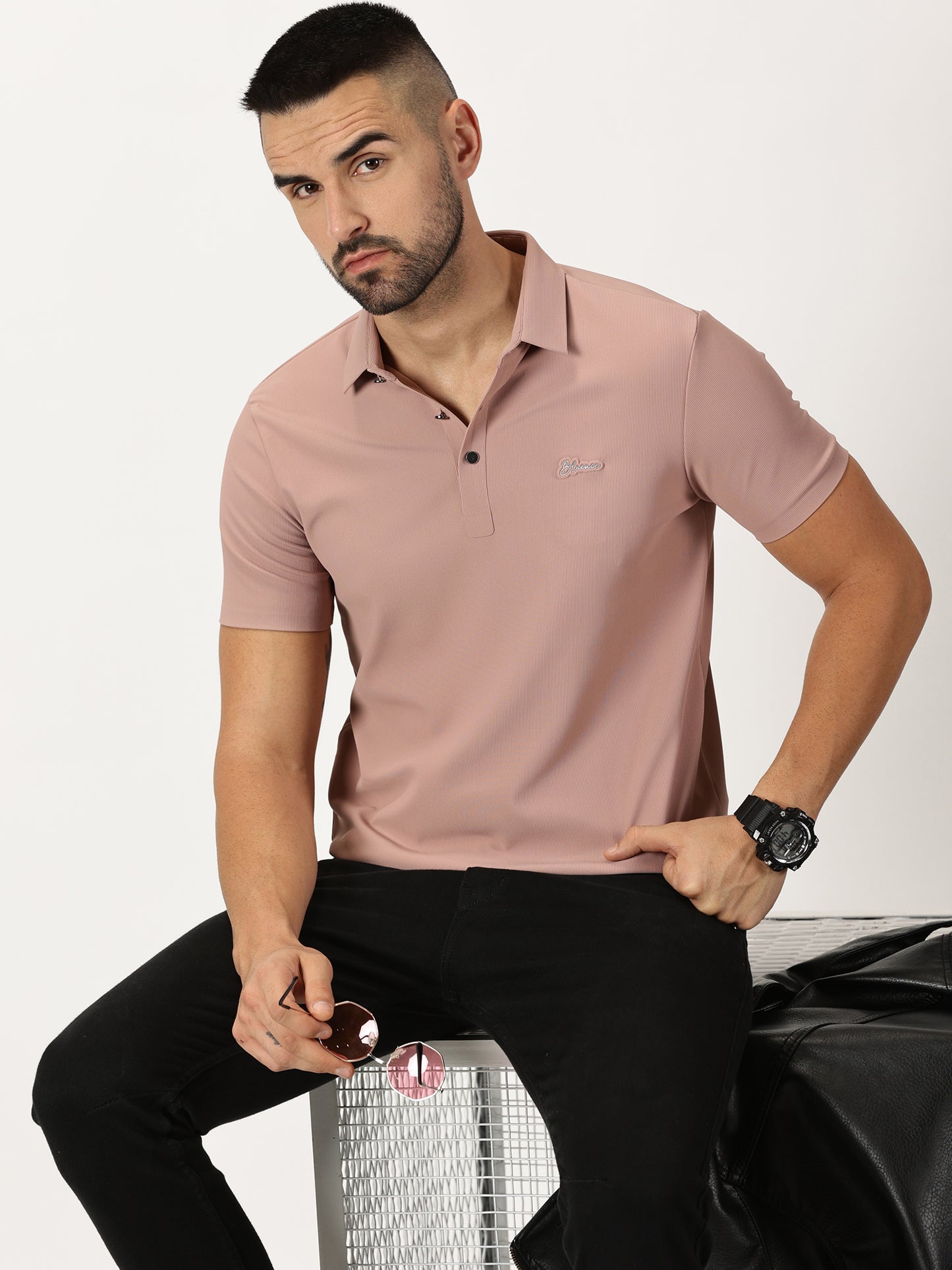 Ribbed Polo T-Shirt Dusty Pink