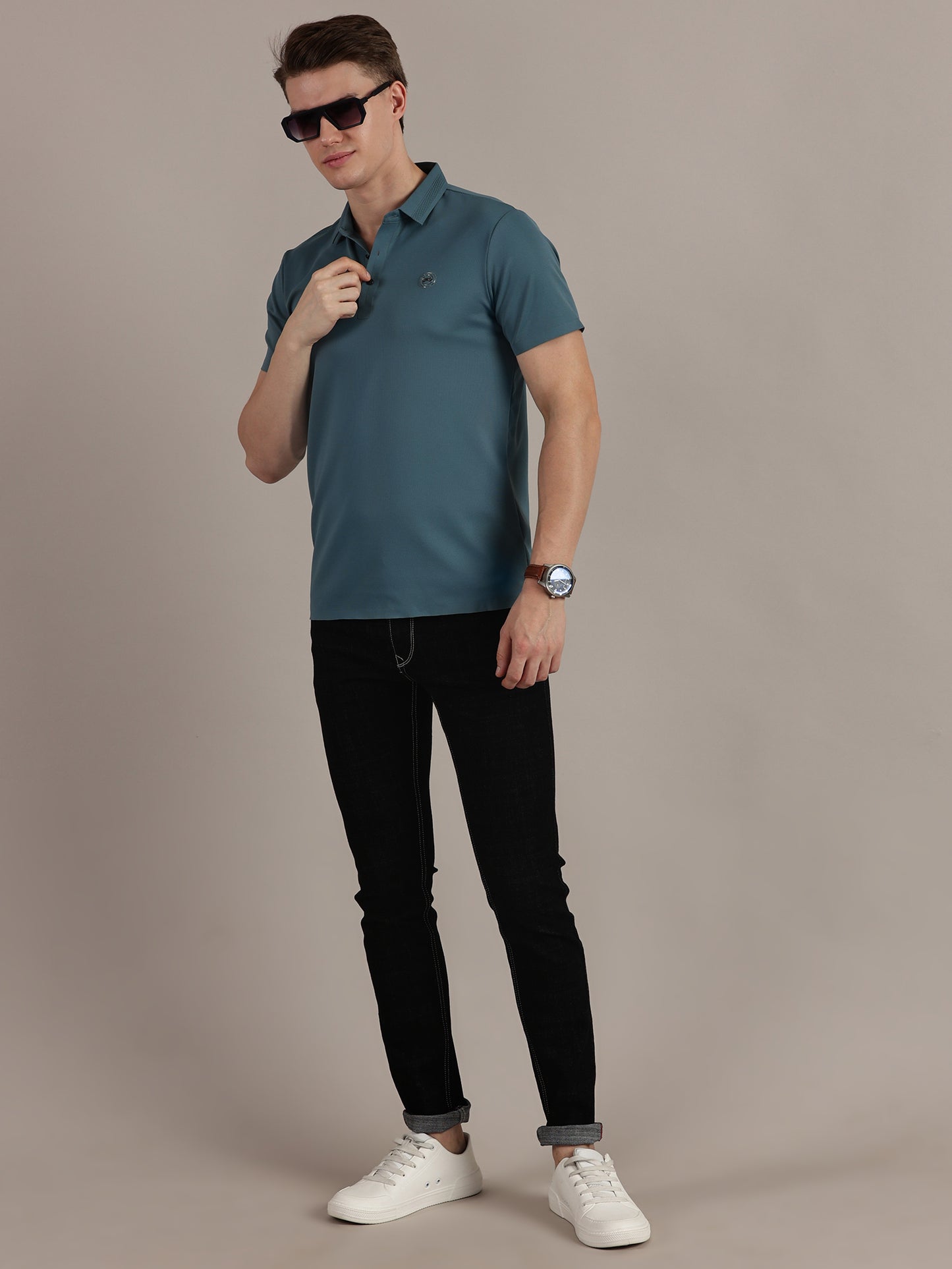 Teal Embossed Collar Polo Tshirt
