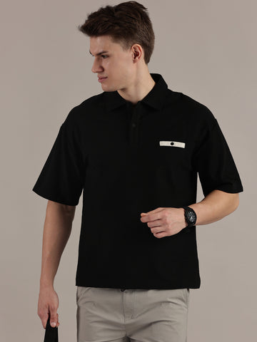 Black Self Textured Polo Tshirt