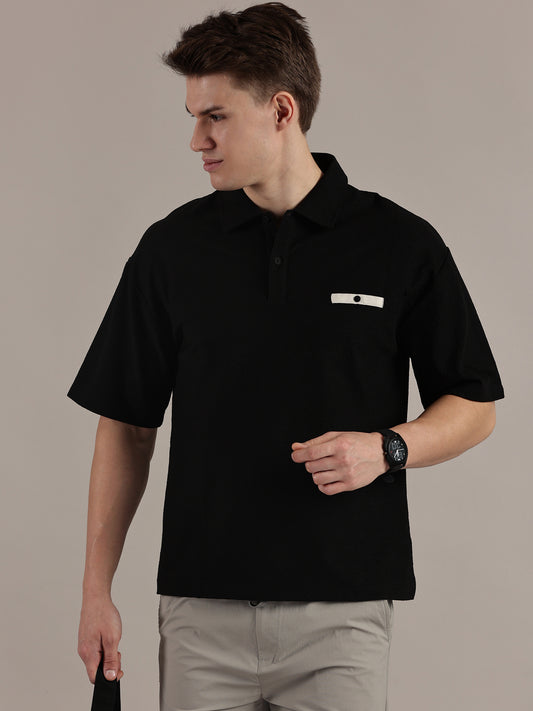 Black Self Textured Polo Tshirt