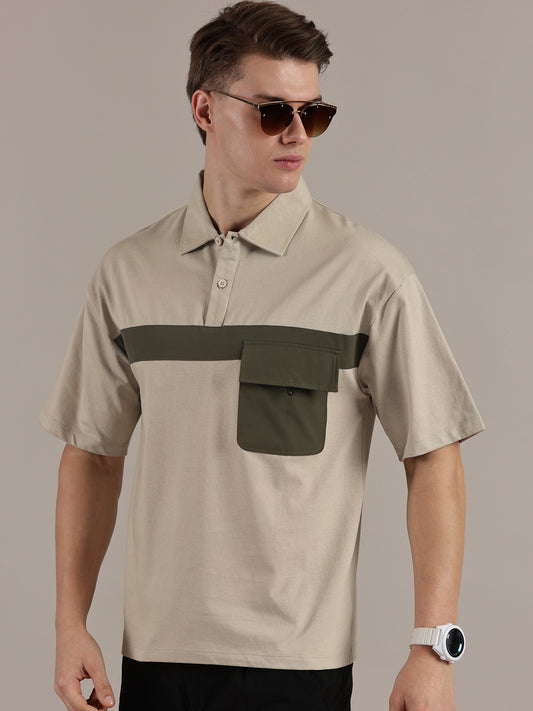 Beige Drop Shoulder Polo Tshirt