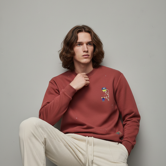 Man wearing a red sweatshirt with colorful graphic