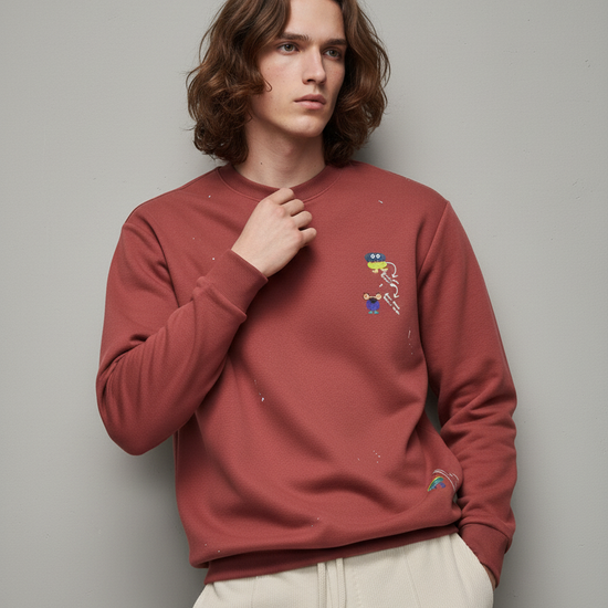 Man wearing a red sweatshirt with colorful graphic