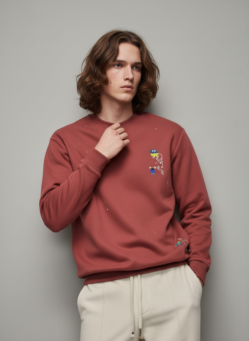 Man wearing a red sweatshirt with colorful graphic