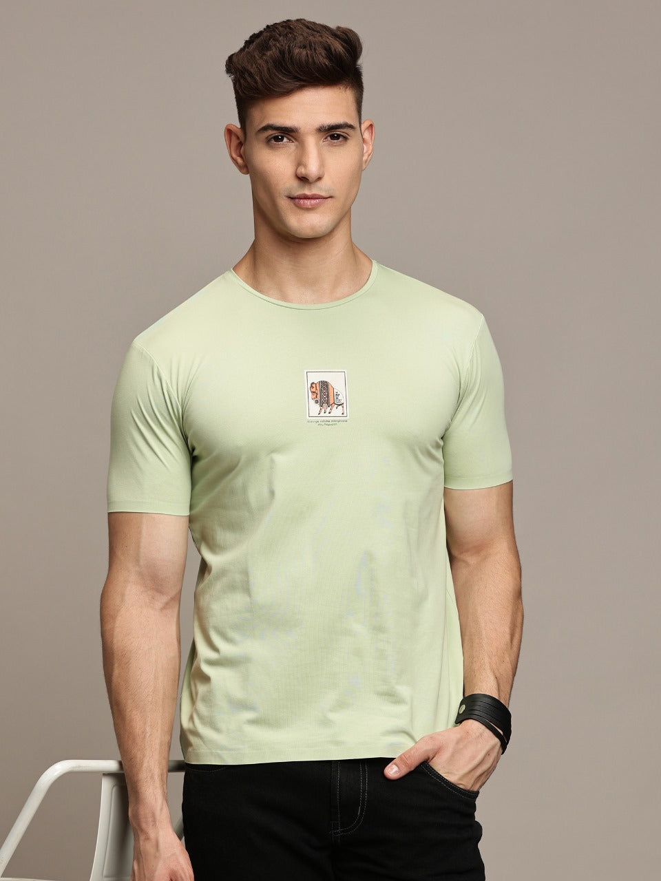 Green Printed Seamless Crew Neck T-shirt