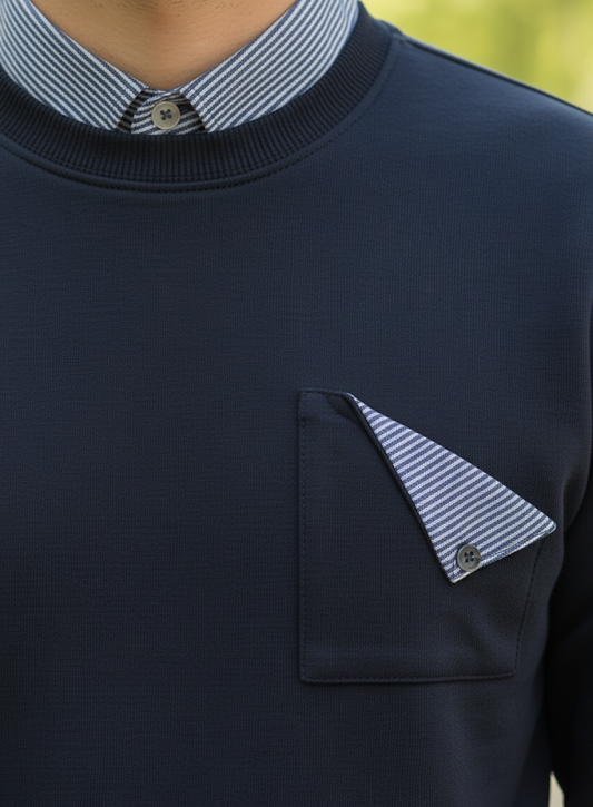 Navy Sweatshirt with Striped Shirt