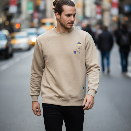 Man wearing a beige sweatshirt 