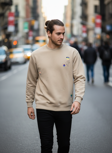 Man wearing a beige sweatshirt 