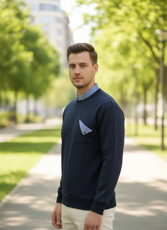 Navy Sweatshirt with Striped Shirt