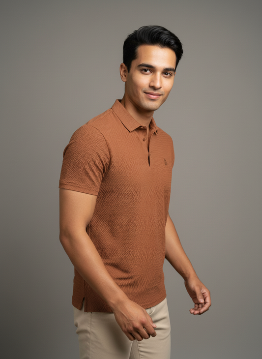 Rust Textured Seamless Polo Tshirt