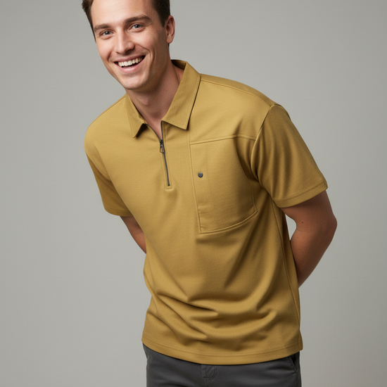 Man wearing a mustard yellow polo shirt 