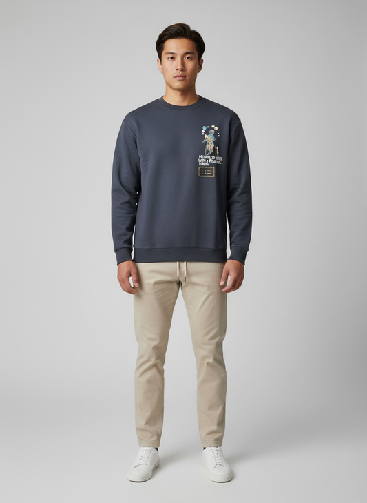 Man wearing a navy sweatshirt with a printed and embroidered design
