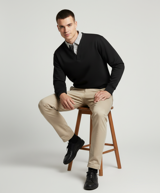 Black Sweastshirt Striped Shirt