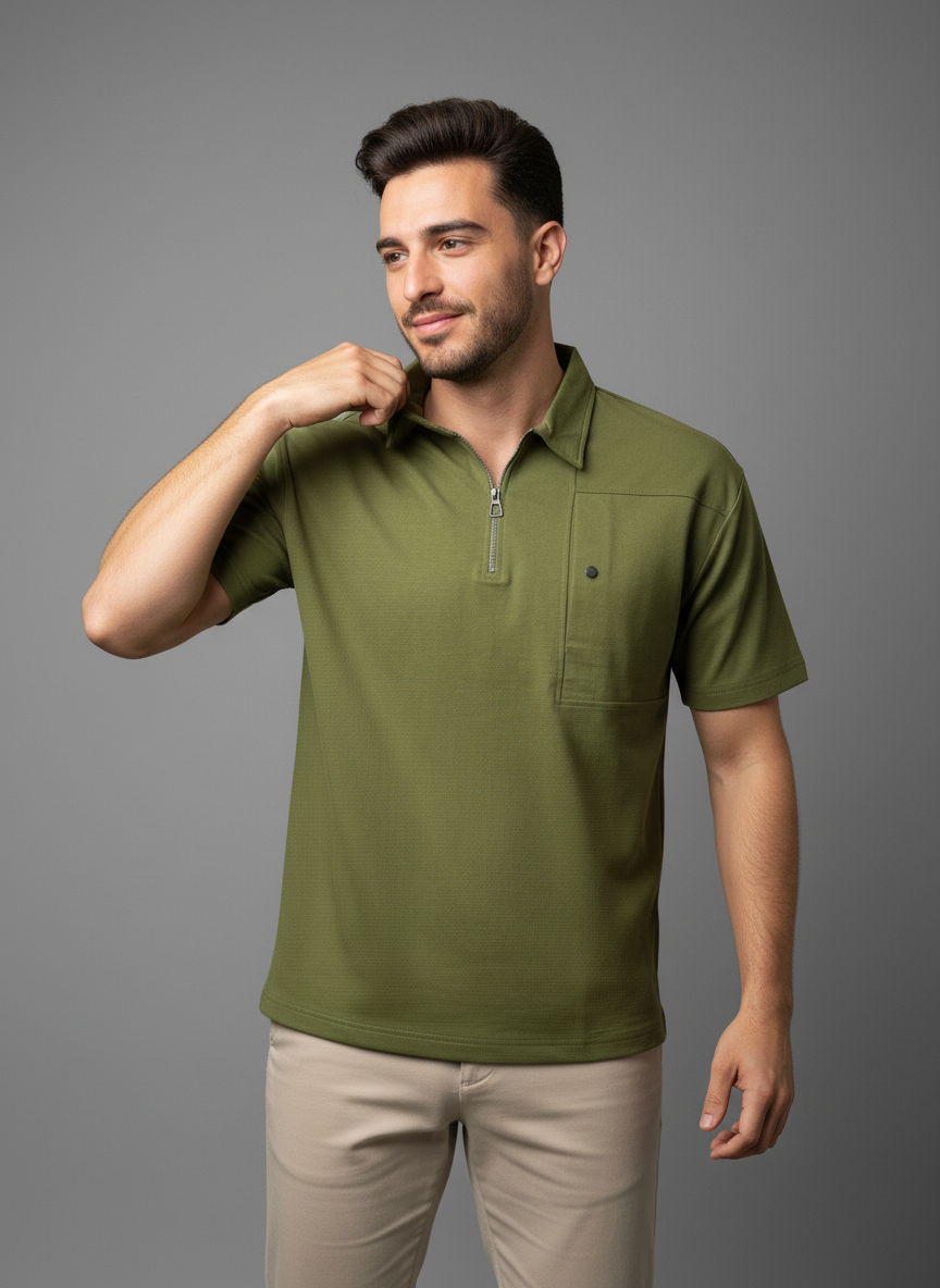Olive Green Half-Zip Polo T-shirt