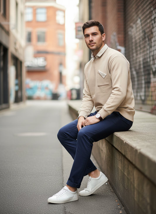 Beige Sweatshirt with Striped Shirt