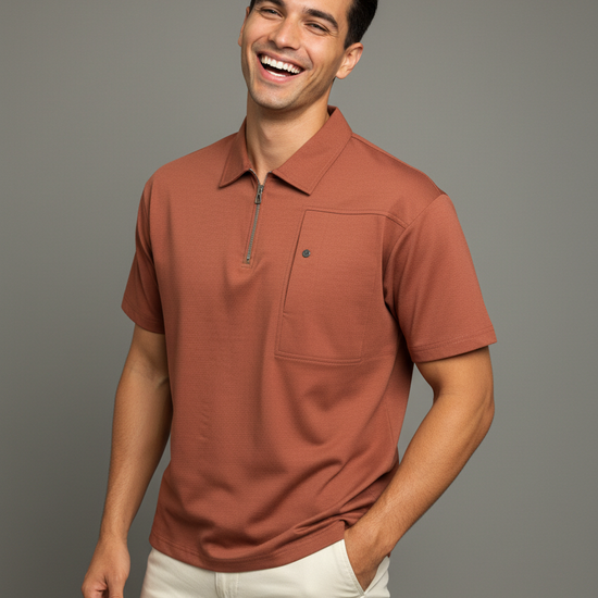Man wearing a brown polo shirt