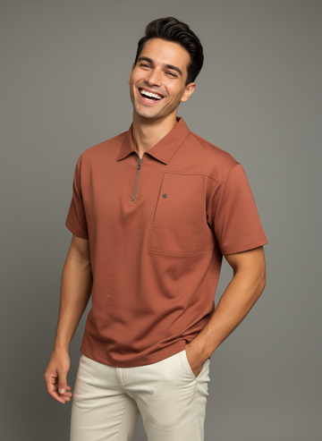 Man wearing a brown polo shirt