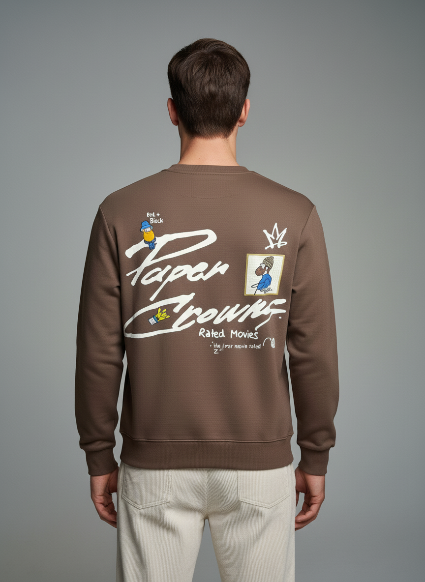 Person wearing a brown sweatshirt with graphics and text on the back